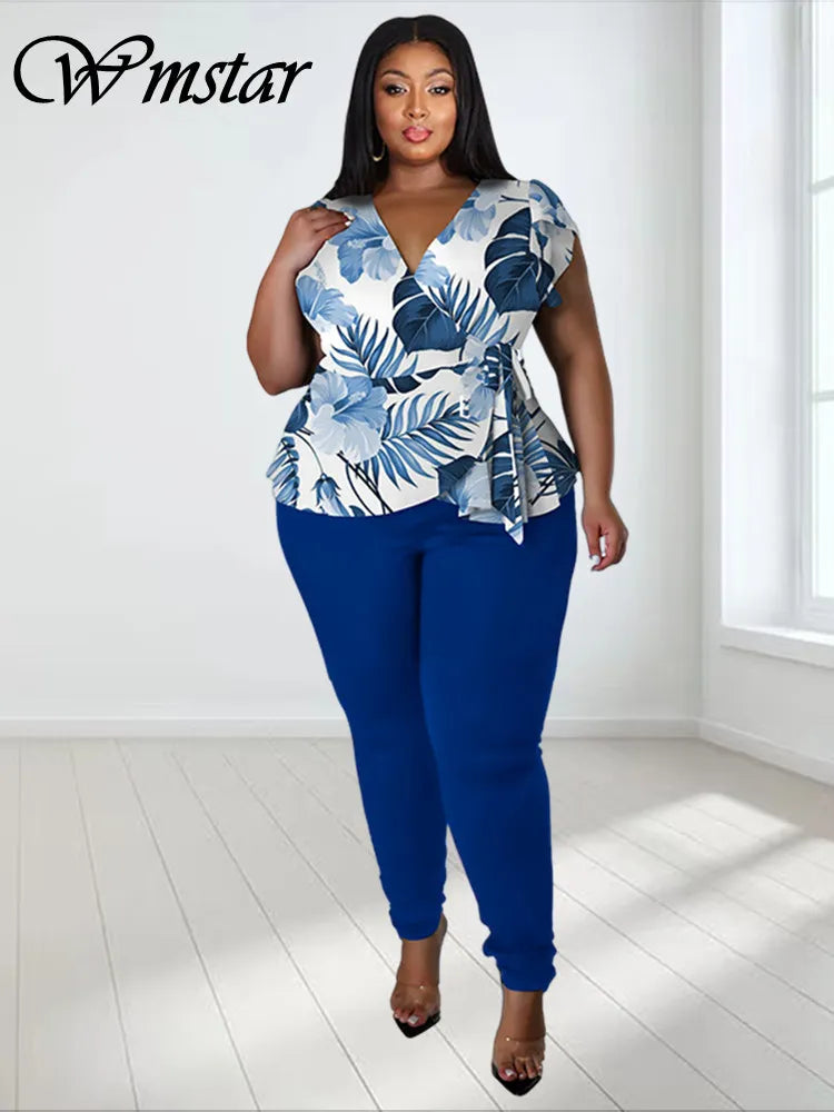 Women's Plus Size 2-Piece Pant Sets Spring/Summer Printed Top Solid Matching Leggings Pant Suits