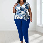 Women's Plus Size 2-Piece Pant Sets Spring/Summer Printed Top Solid Matching Leggings Pant Suits