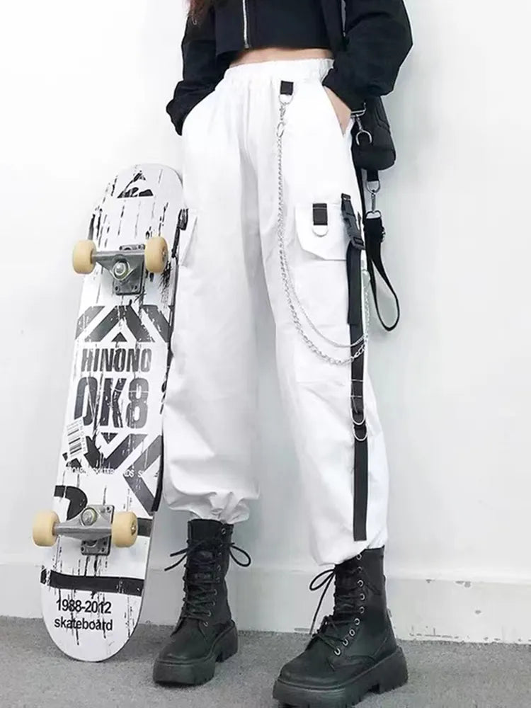 Women's Cargo Pants Harem Pants Street Fashion Punk Trousers with Pockets & Chain High Waist Streetwear