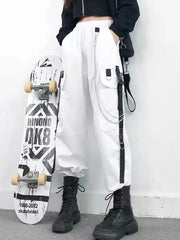 Women's Cargo Pants Harem Pants Street Fashion Punk Trousers with Pockets & Chain High Waist Streetwear