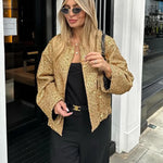 Autumn Sequins Gold Loose Jacket for Women Sparkly Long Sleeve Casual Bomber Jacket with Pockets