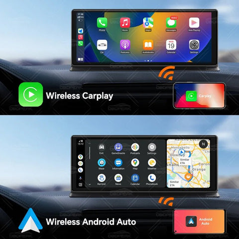 Car Touch Screen 5K Dash Cam with Wireless Carplay and Android Auto integration on a car dashboard.
