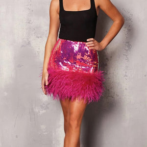 Women's High Waist Skirts Roxy Pink & Black Sequin Feather Trim Mini Skirt