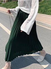 Women's Stretch Pleated Midi Long Skirt Casual High Elastic Waist Skirts