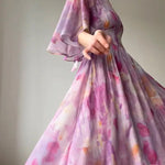 Elegant Slim Print Dress For Women Stand Collar Half Sleeve High Waist Ruched Long A-Line Dress