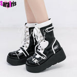 Gothic Mid Calf High Platform Boots for Women High Heel PU Faux Leather Wedge Boots