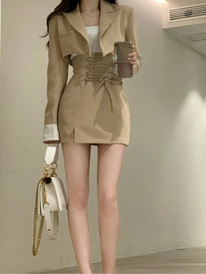 2 Piece Dress Set Women's Casual Y2k Elegant Skirt Suit Crop Blazer + Mini Skirts