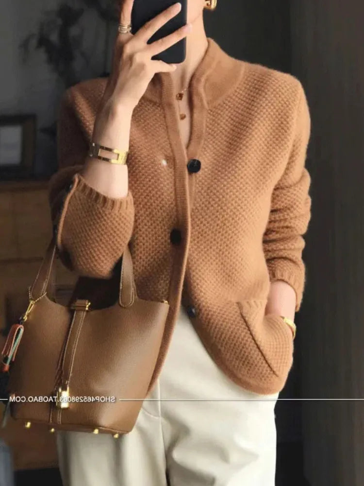 New High-End Women's Knitted Cardigan Premium Cashmere Wool Sweater Long Sleeve Half High Collar Solid Women's Wool Sweater