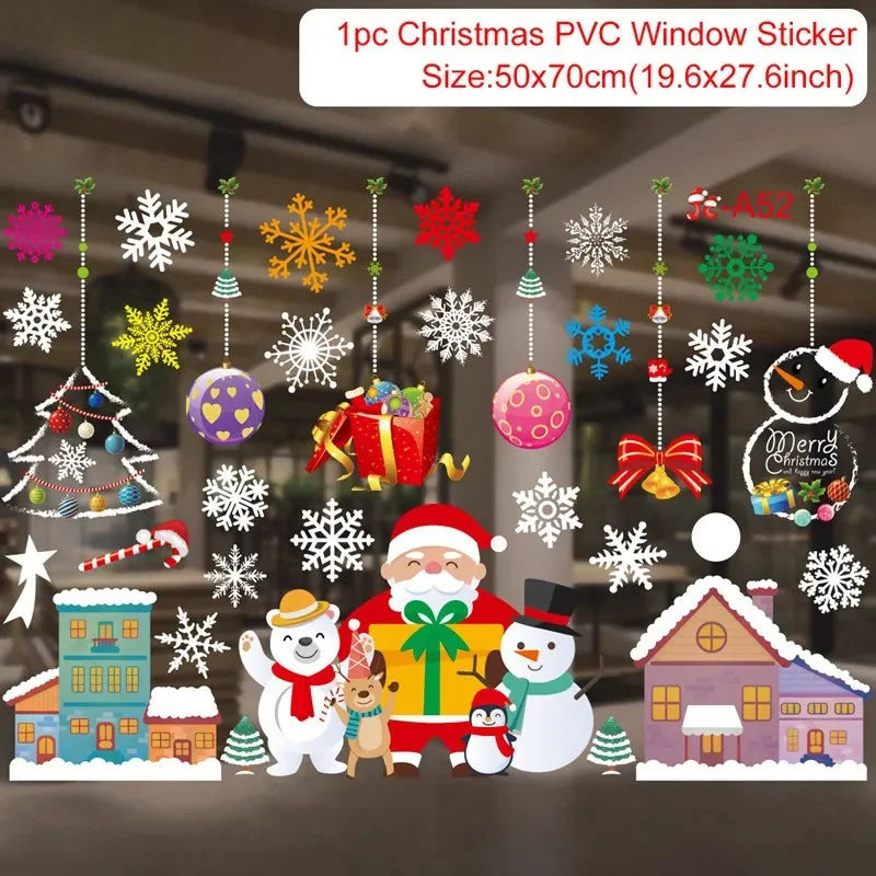 Christmas-themed PVC window stickers with Santa Claus, snowflakes, and other decorations on a glass surface.