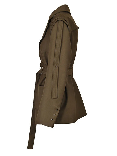 Blazer Women Brown Belted Lapel Loose Fit Chic Contemporary Jacket Spring Autumn Outerwear