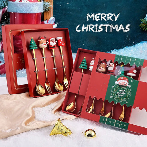 Christmas Silverware Set Gold Elk Tree Spoon Fork Dessert Scoop Fruit Fork Coffee Cutlery Holiday Gift