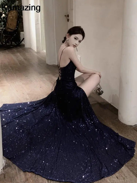 Prom Maxi Dress Women Elegant V-Neck Sequin Backless Split Bandage Luxury Formal Evening Runway Dress
