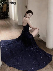 Elegant V-Neck Sequin Graduation Prom Maxi Dress Sexy Backless Split Bandage Runway Luxury Formal Evening Dress