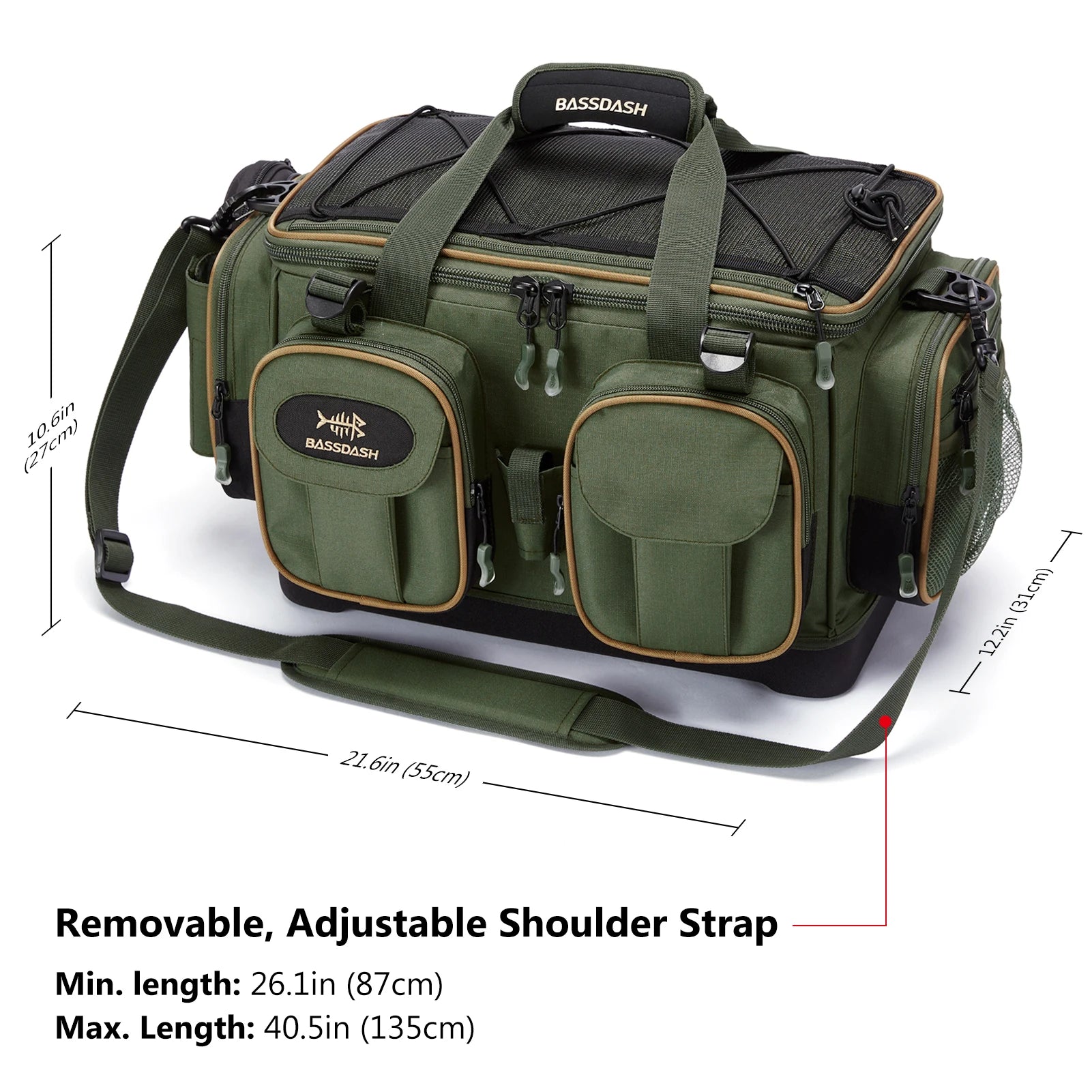 Green fishing bag with dimensions and shoulder strap information on a white background