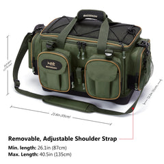 Green fishing bag with dimensions and shoulder strap information on a white background