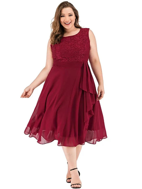 Midi Dress Women Plus Size O-Neck Sleeveless Lace Patchwork Chiffon Elegant Evening Club Wedding Guest