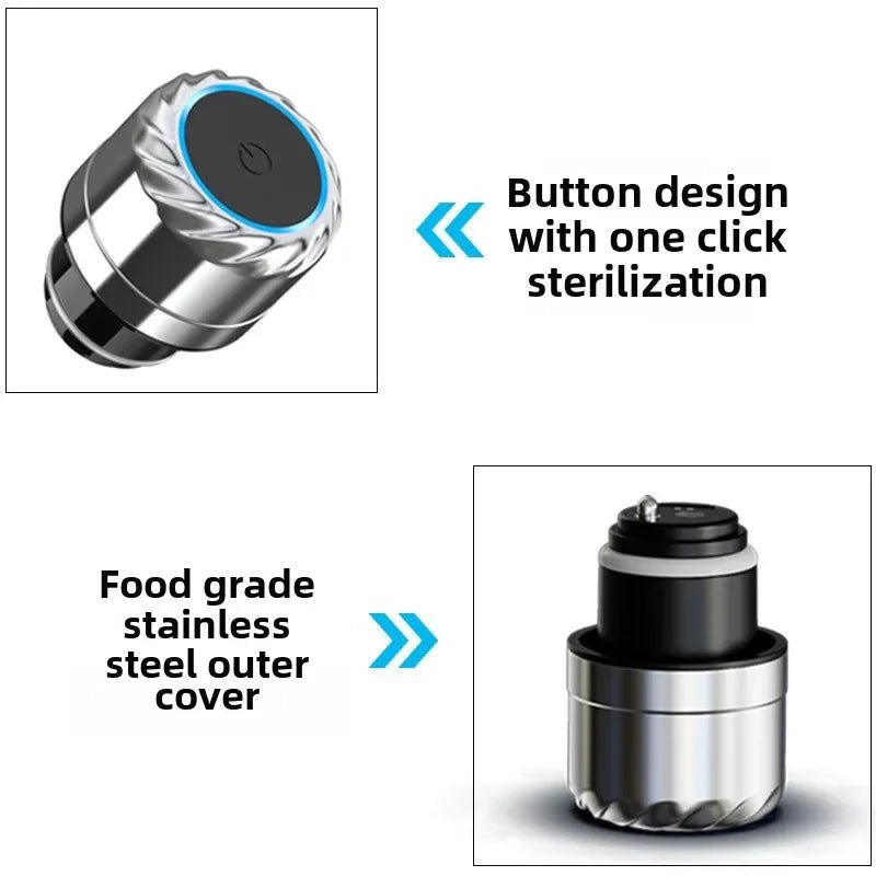 Stainless steel sterilization device with text highlighting features like button design and food-grade stainless steel cover.