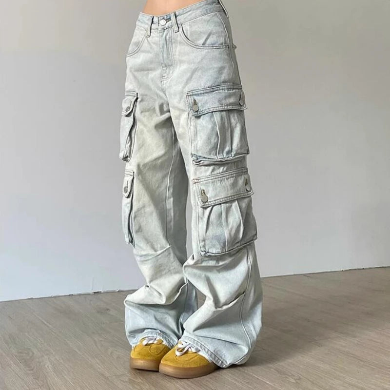 Cargo Jeans American Style Street Style Baggy Cargo Pants for Women Multi-pocket Wide Leg Denims