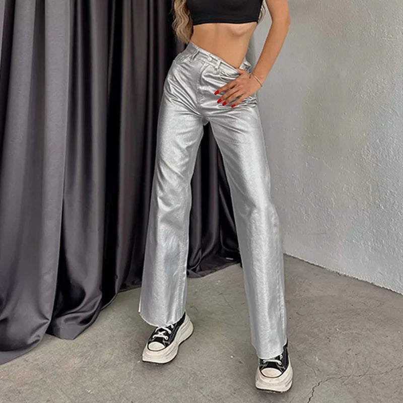 Gold & Silver High-Waist Metallic Straight Loose Fit Pants for Parties & Events