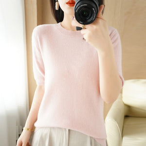 Women's O-Neck Cashmere Sweater Short-Sleeved Chic Sweater