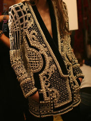 Women's Shawl Collar Embroidered Beaded Jacket V-Neck Vintage Ladies Outwear Coat