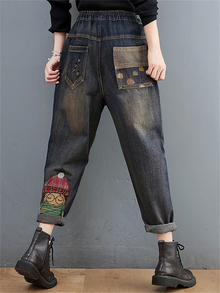 Women's Jeans Cartoon Litter Girl Embroidered Casual High Waist Denim Pants