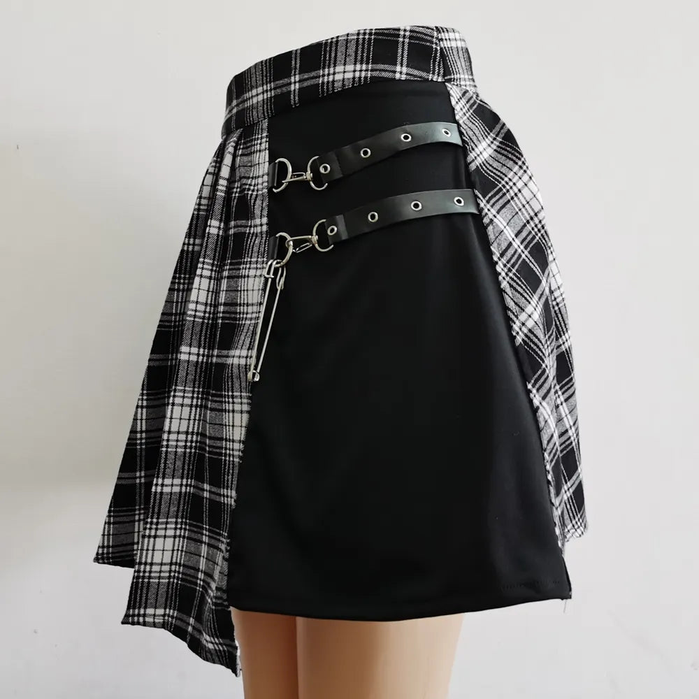 Girl's Women's Punk Irregular Mini Pleated Skirt Asymmetric Cutout High Waist Gothic Plaid Skirt