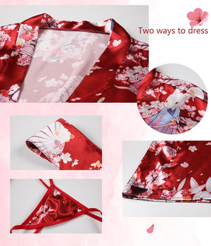 Women's Japanese Kimono Erotic Lingerie Thongs Set