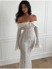 Off Shoulder Maxi Dress Lace Hollow Out Long Sleeve Empire Waist Tie-Up Sexy Sheath Gown Women