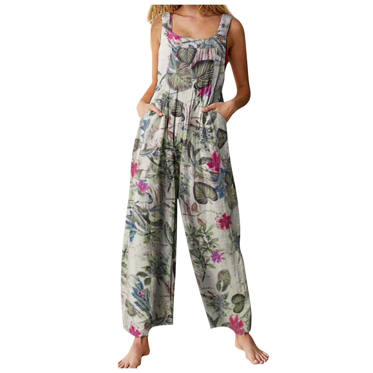 Women's Ethnic Style  Jumpsuits Summer Overalls Multicolor  Square Neck Sleeveless Casual Rompers with Pockets