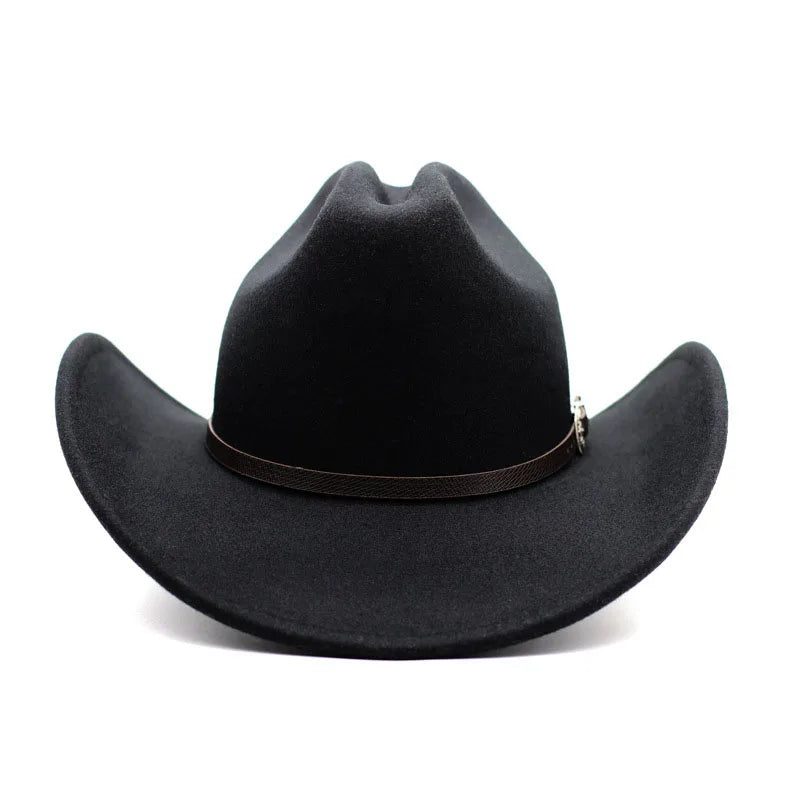 Black cowboy hat with a brown band on a white background