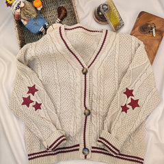 V Neck Long Sleeve Star Print Knitted Cardigan Sweater