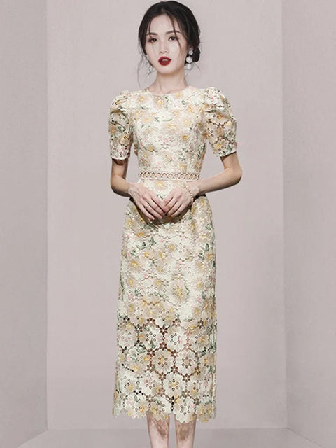Midi Dress Women Embroidery Print Lace Hollow Out Fluffy Short Sleeve Elegant Spring Summer Dress