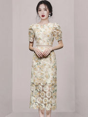 Spring/Summer New Fashion Embroidery Print Lace Hollow Out Midi Dress For Women Fluff Short Sleeves Elegant Dresses