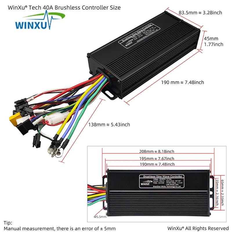 WinXU Tech 40A Brushless Controller with detailed dimensions on a white background