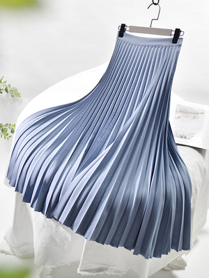 Women's Autumn Winter Spring Elegant Chic Solid Long Pleated Skirt High Waist with Chiffon Liner