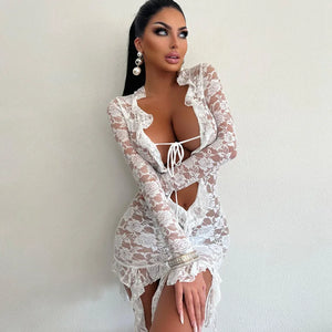 Boutique Fashion Lace Trim Sheer Tie Front Mini Dress Long Sleeve Fringe Outfit for Women Club Party Sexy Bodycon Dresses