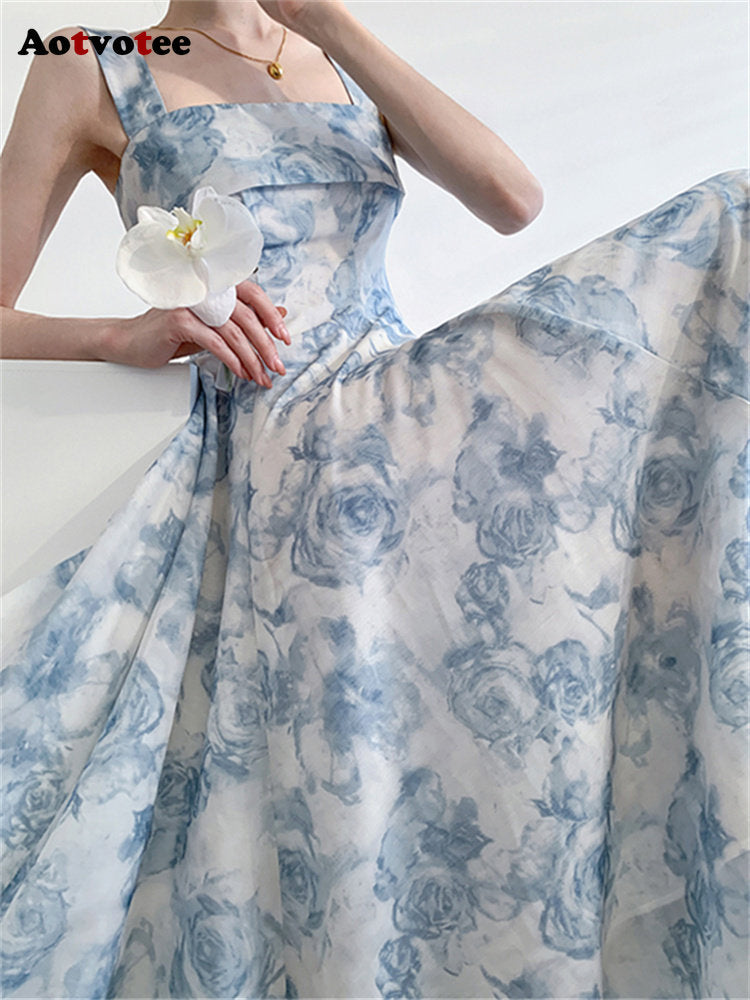 Elegant Fairycore Spaghetti Strap Slim Floral Print Midi Dress