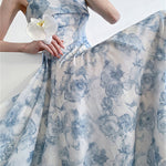 Elegant Fairycore Spaghetti Strap Slim Floral Print Midi Dress