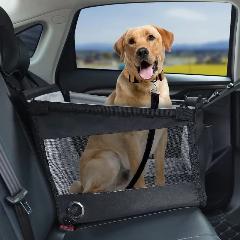 Dog sitting in a car seat cover with a scenic background