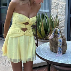 Strapless Mini Dress Women Pleated Hollow Back Elegant Party Club Casual Fashion Dress