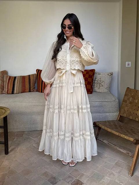 Boho Maxi Dress Women Lace Patchwork Puff Sleeve Long Beach Summer Vacation Bohemian Gown