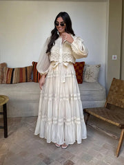 Boho Maxi Dress Women Lace Patchwork Puff Sleeve Long Beach Summer Vacation Bohemian Gown