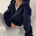 Women's Korean Style Short Hooded Jacket Short Warm Zipper Autumn Winter Fleece Hoodie