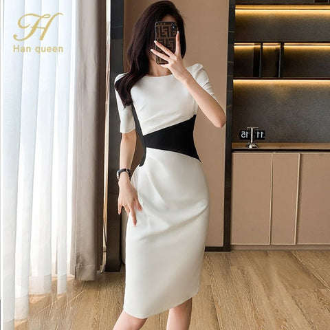 Color Blocked Bodycon Midi Dress Women O-Neck Chic Sheath Pencil Casual Fashion Dress