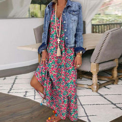Women's Elegant Flower Print Loose Maxi Summer Dress Deep V-Neck Sleeveless Boho Long Dress