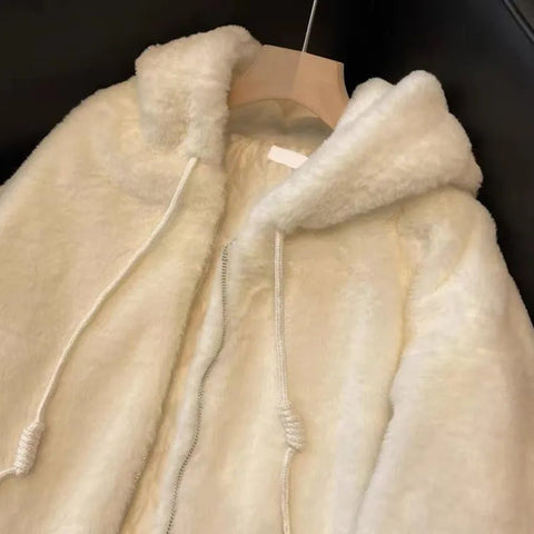 Faux Fur Hooded Coat Women White Warm Plush Winter Casual Elegant Outerwear Fashion