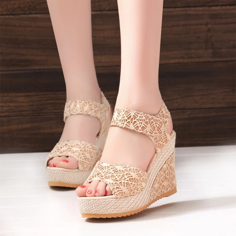 Boho Lace Wedge Sandals for Women – Summer Platform Peep Toe Espadrilles with Adjustable Strap