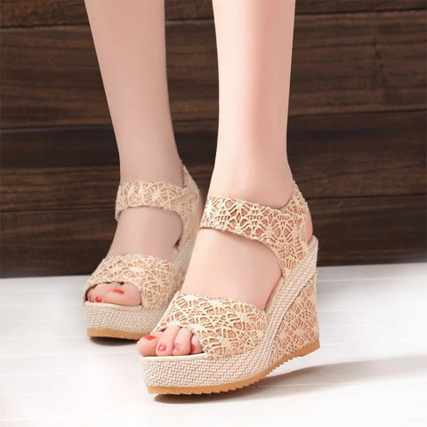Wedge Sandals Women Lace Platform Espadrilles Peep Toe Adjustable Ankle Strap Summer Boho Shoes