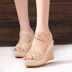 Boho Lace Wedge Sandals for Women – Summer Platform Peep Toe Espadrilles with Adjustable Strap